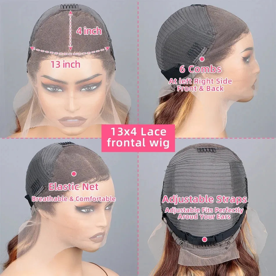 30 Inch Honey Blonde Ombre 13X4 HD Lace Front Wig Human Hair Highlight Body Wave Lace Frontal Wigs Pre Plucked 4/27 Colored
